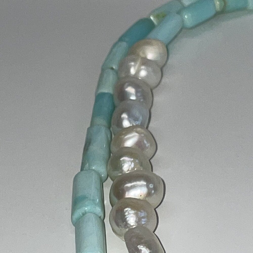Aqua Peruvian Opal? Tube Beads & Freshwater Pearl Pendant Gemstone Necklace A140 - Picture 12 of 16